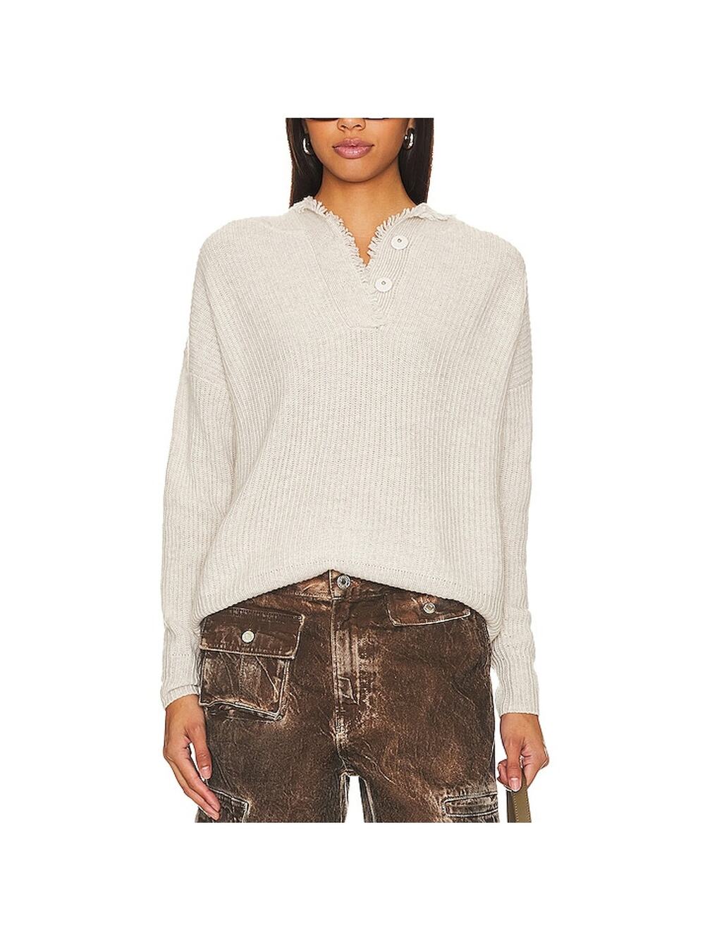 Autumn Cashmere Boxy Beige Fringe Hoodie Sweater Size M